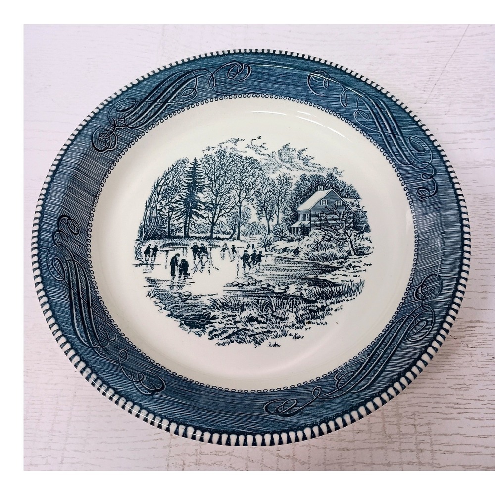 Vintage Royal China Currier and Ives Jeannette Pie Plate 10" Blue Early Winter